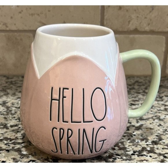 NEW RAE DUNN  Pink/White "HELLO SPRING" Mug Green Handle TULIP FLOWER 2023 - Picture 1 of 5